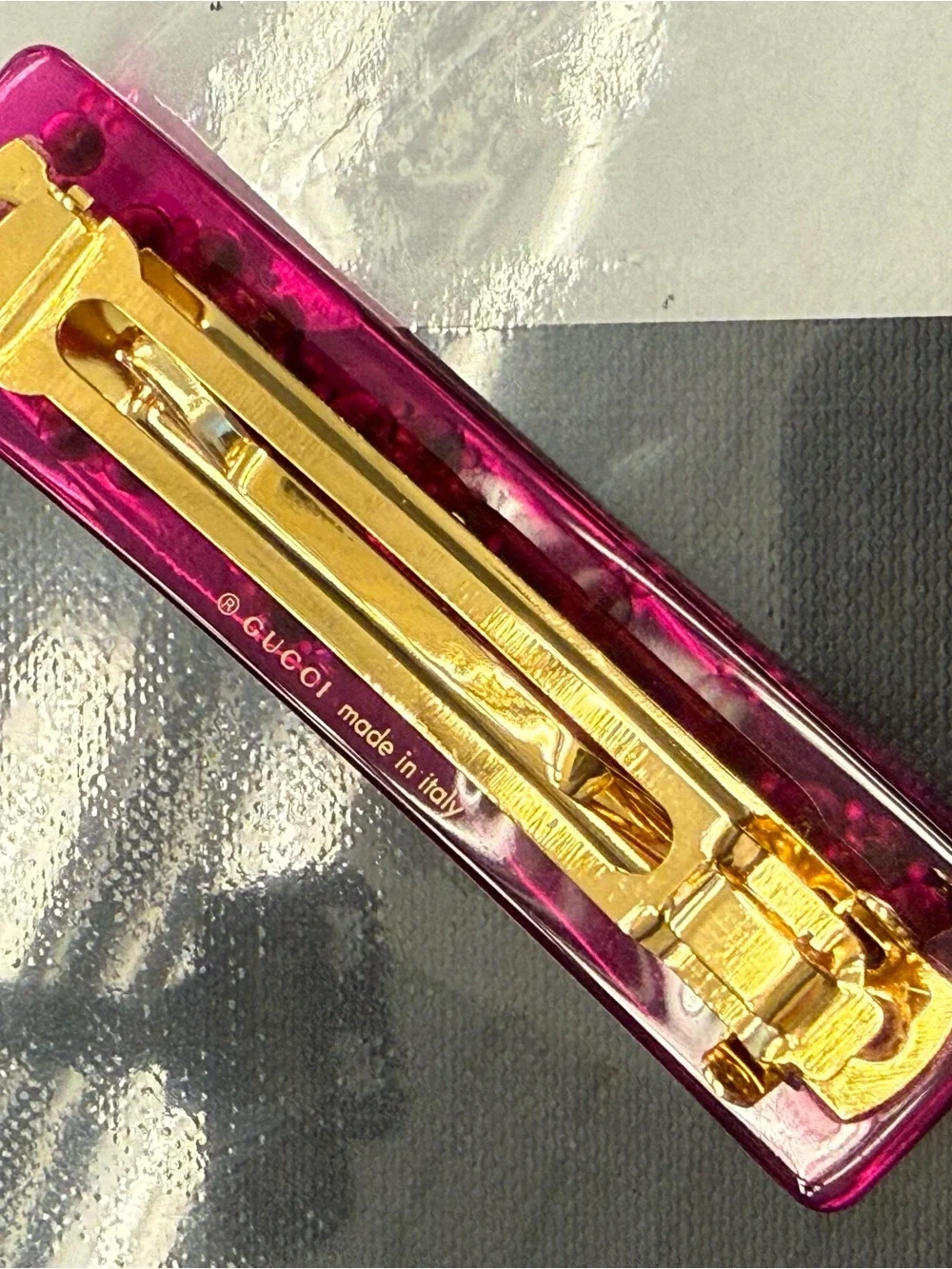 Gucci Hot Pink Jeweled Hair Clip with Clear Crystals